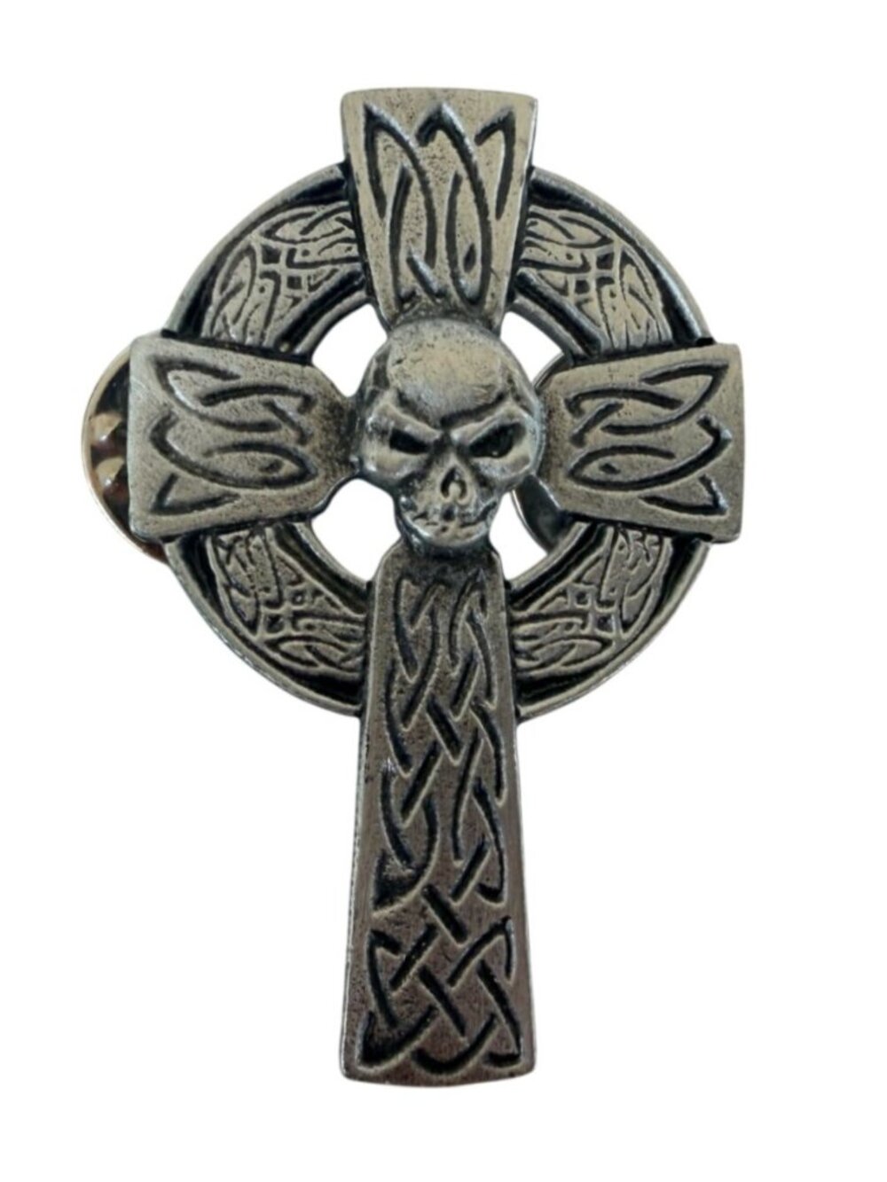 Pewter Celtic Cross Skull Lapel Pin Brooch Gothic Biker Knotwork Two-Pin Back - Picture 1 of 2